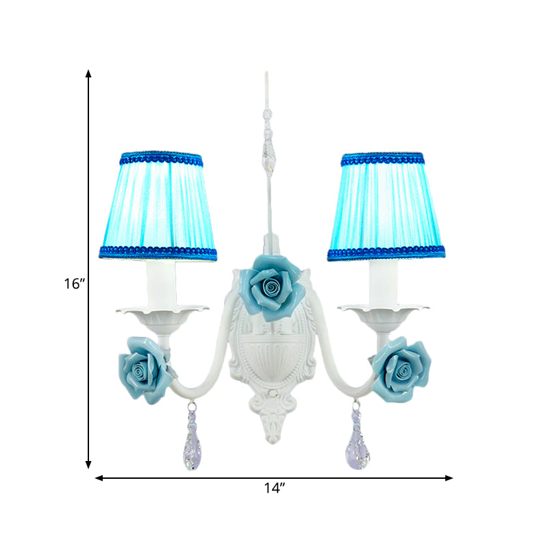 Skørter | White 1/2-head Wall Lamp Romantic Pastoral Fabric Cone Wall Lighting with Clear Crystal Drapery