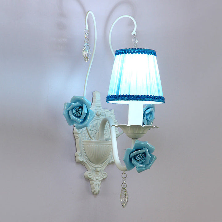 Skørter | White 1/2-head Wall Lamp Romantic Pastoral Fabric Cone Wall Lighting with Clear Crystal Drapery