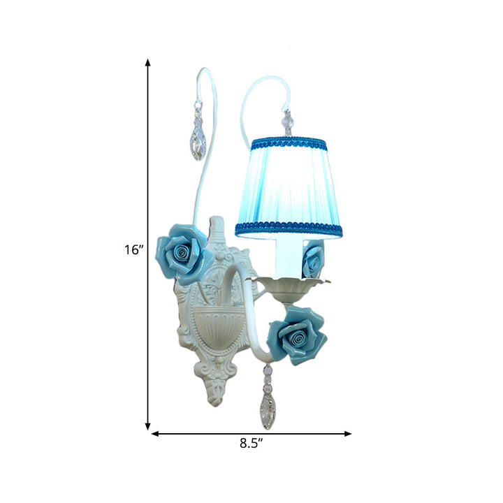 Skørter | White 1/2-head Wall Lamp Romantic Pastoral Fabric Cone Wall Lighting with Clear Crystal Drapery