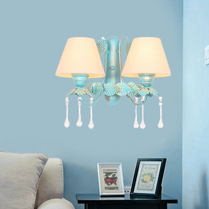 Skørter | Fabric Blue Wall Mounted Lamp Conical 1/2-Light Country Style Wall Lamp with Clear Glass Drop