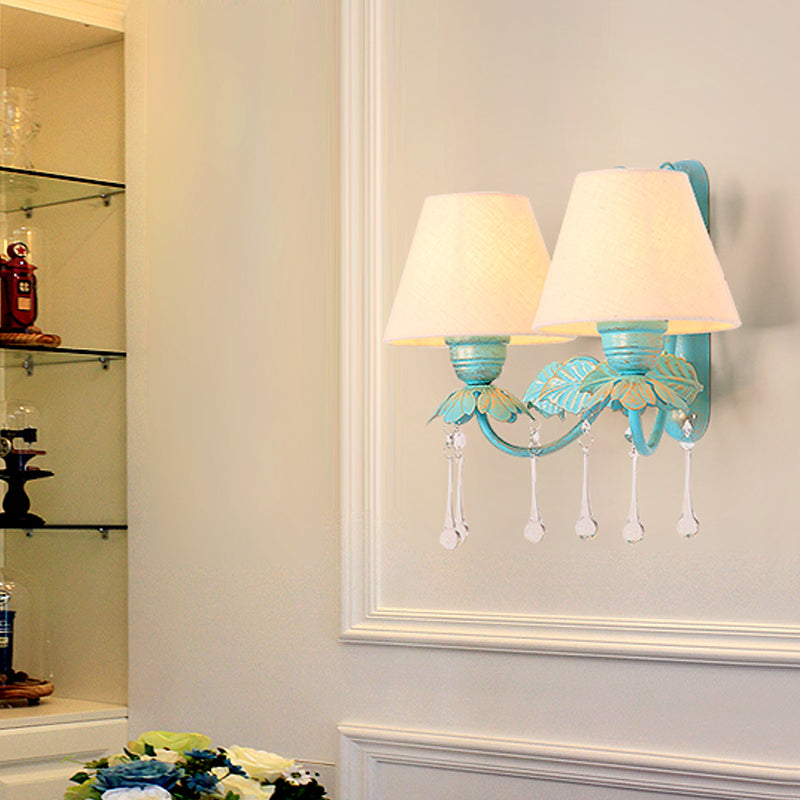 Skørter | Fabric Blue Wall Mounted Lamp Conical 1/2-Light Country Style Wall Lamp with Clear Glass Drop