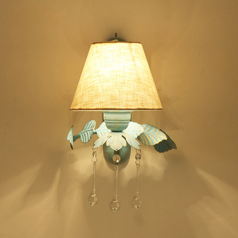 Skørter | Fabric Blue Wall Mounted Lamp Conical 1/2-Light Country Style Wall Lamp with Clear Glass Drop