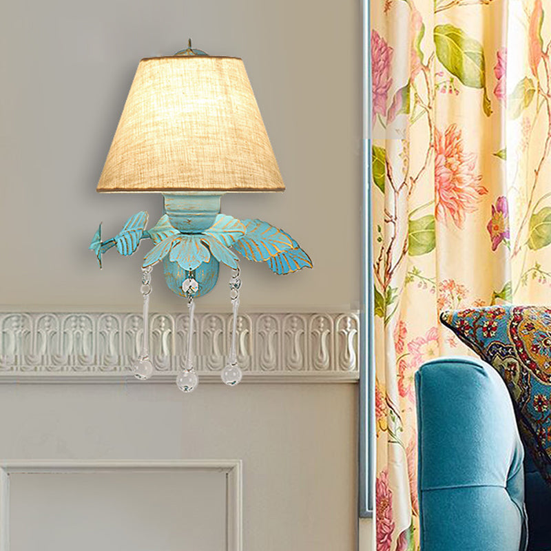 Skørter | Fabric Blue Wall Mounted Lamp Conical 1/2-Light Country Style Wall Lamp with Clear Glass Drop