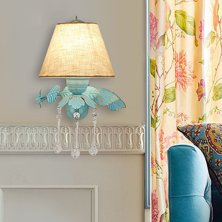 Skørter | Fabric Blue Wall Mounted Lamp Conical 1/2-Light Country Style Wall Lamp with Clear Glass Drop