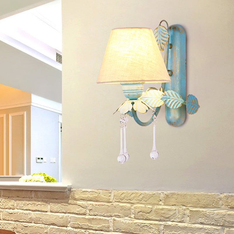Skørter | Fabric Blue Wall Mounted Lamp Conical 1/2-Light Country Style Wall Lamp with Clear Glass Drop
