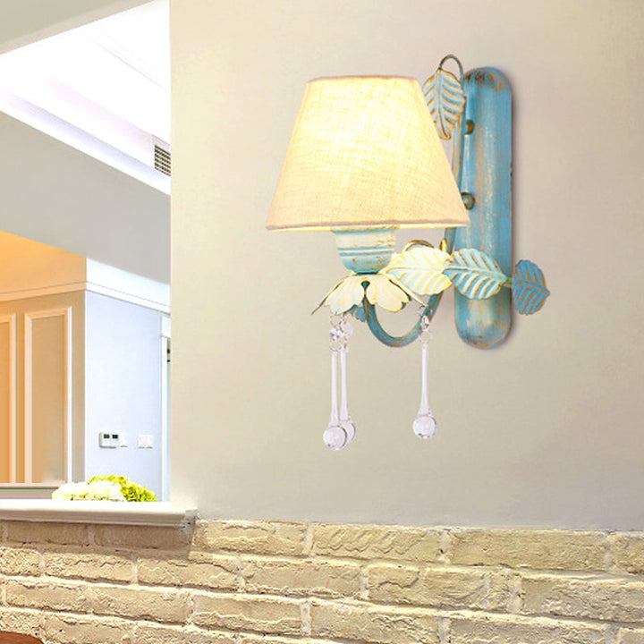 Skørter | Fabric Blue Wall Mounted Lamp Conical 1/2-Light Country Style Wall Lamp with Clear Glass Drop