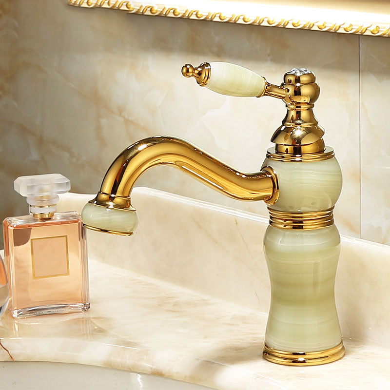 Lisslune | Deck Mounted Copper Tub Faucet Low Arc Roman Tub Faucet Set with Jade