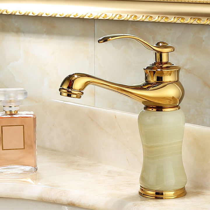 Lisslune | Deck Mounted Copper Tub Faucet Low Arc Roman Tub Faucet Set with Jade