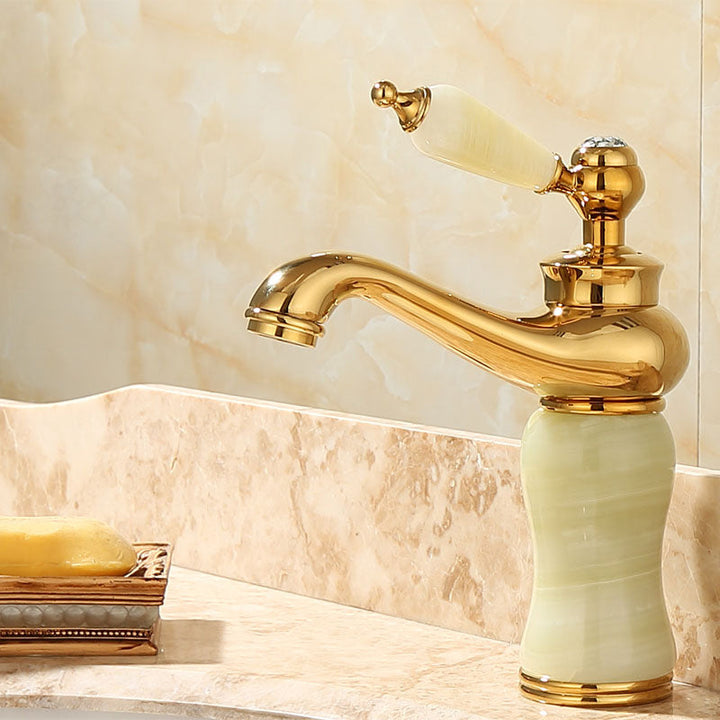 Lisslune | Deck Mounted Copper Tub Faucet Low Arc Roman Tub Faucet Set with Jade