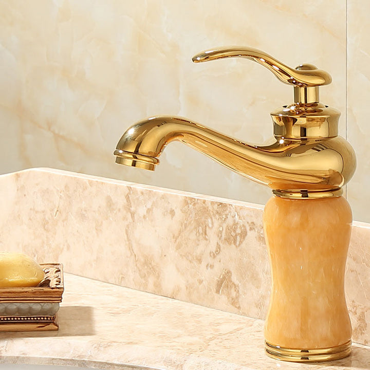 Lisslune | Deck Mounted Copper Tub Faucet Low Arc Roman Tub Faucet Set with Jade