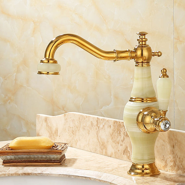 Lisslune | Deck Mounted Copper Tub Faucet Low Arc Roman Tub Faucet Set with Jade