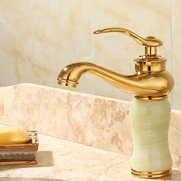 Lisslune | Deck Mounted Copper Tub Faucet Low Arc Roman Tub Faucet Set with Jade