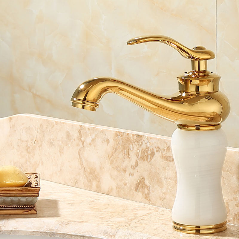 Lisslune | Deck Mounted Copper Tub Faucet Low Arc Roman Tub Faucet Set with Jade