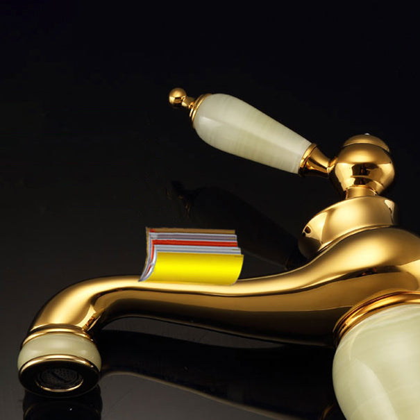 Lisslune | Deck Mounted Copper Tub Faucet Low Arc Roman Tub Faucet Set with Jade