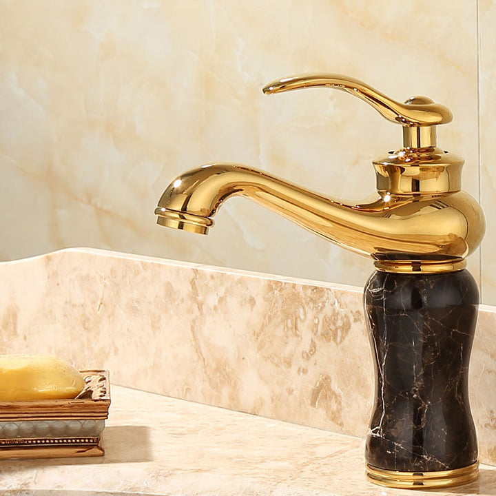 Lisslune | Deck Mounted Copper Tub Faucet Low Arc Roman Tub Faucet Set with Jade