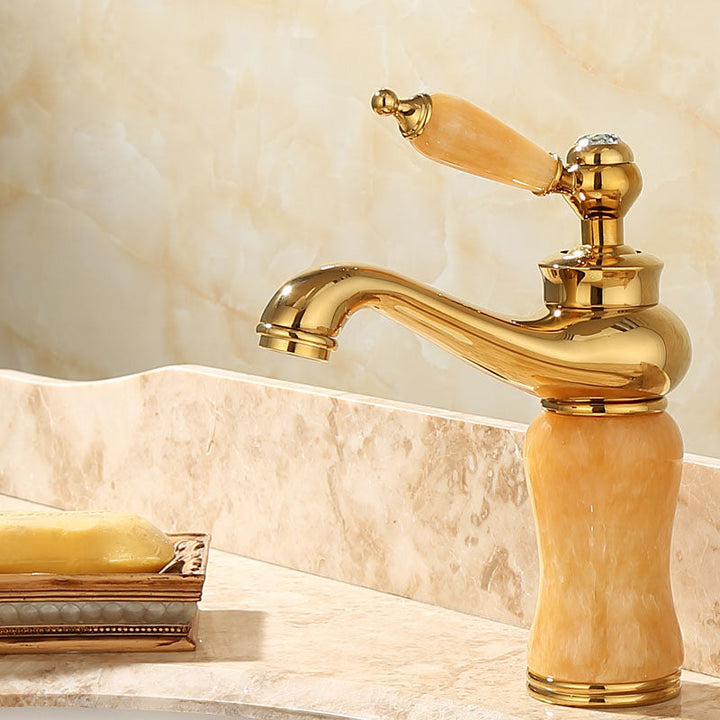 Lisslune | Deck Mounted Copper Tub Faucet Low Arc Roman Tub Faucet Set with Jade