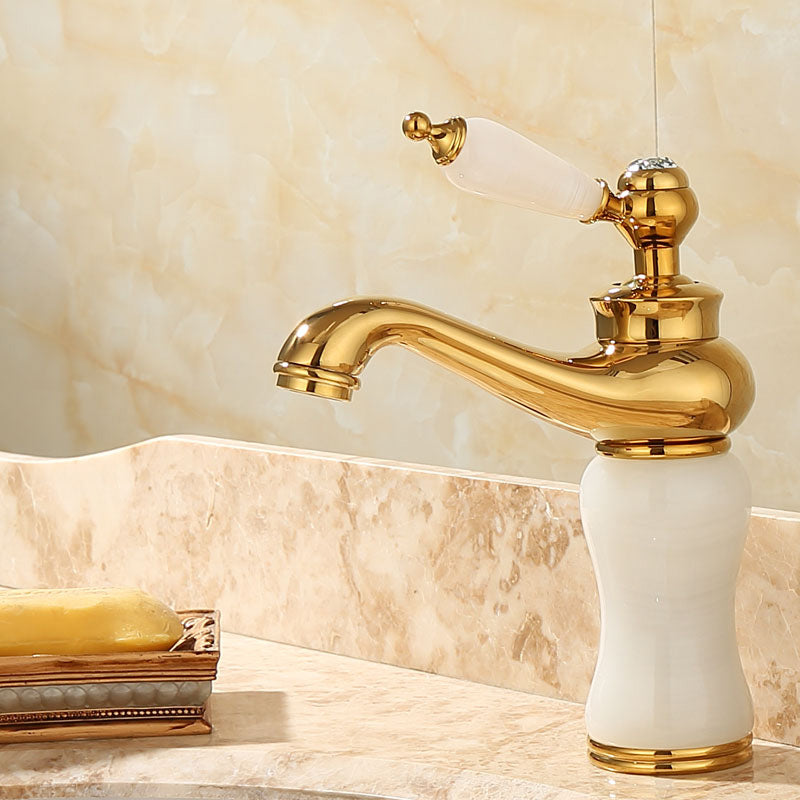 Lisslune | Deck Mounted Copper Tub Faucet Low Arc Roman Tub Faucet Set with Jade