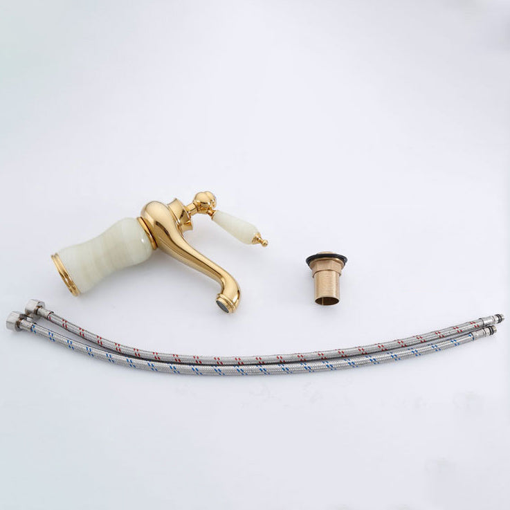 Lisslune | Deck Mounted Copper Tub Faucet Low Arc Roman Tub Faucet Set with Jade