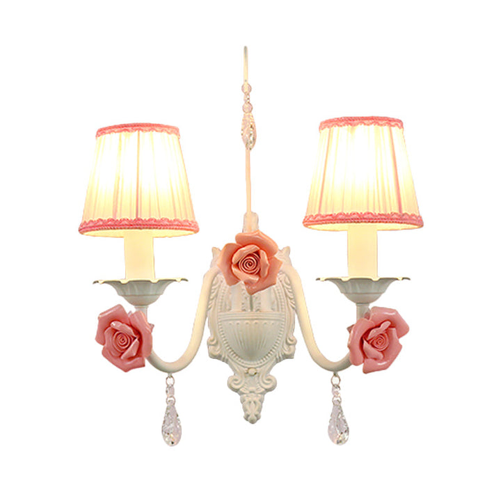 Skørter | 1/2-Head Fabric Wall Lamp Korean Flower White Pleated Shade Living Room Wall Lamp with Crystal Pendant