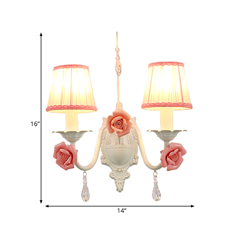 Skørter | 1/2-Head Fabric Wall Lamp Korean Flower White Pleated Shade Living Room Wall Lamp with Crystal Pendant