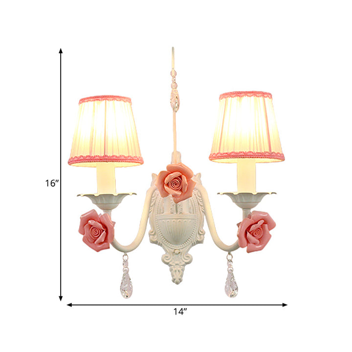 Skørter | 1/2-Head Fabric Wall Lamp Korean Flower White Pleated Shade Living Room Wall Lamp with Crystal Pendant