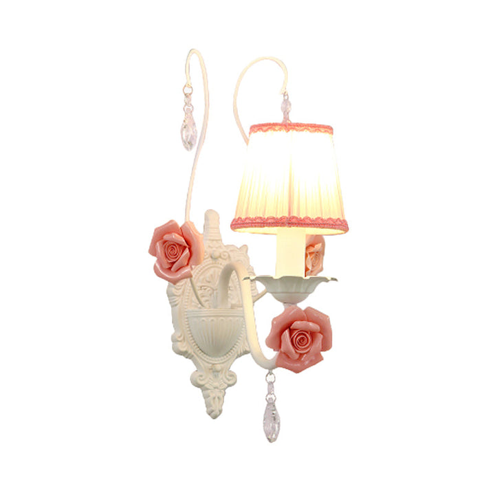 Skørter | 1/2-Head Fabric Wall Lamp Korean Flower White Pleated Shade Living Room Wall Lamp with Crystal Pendant