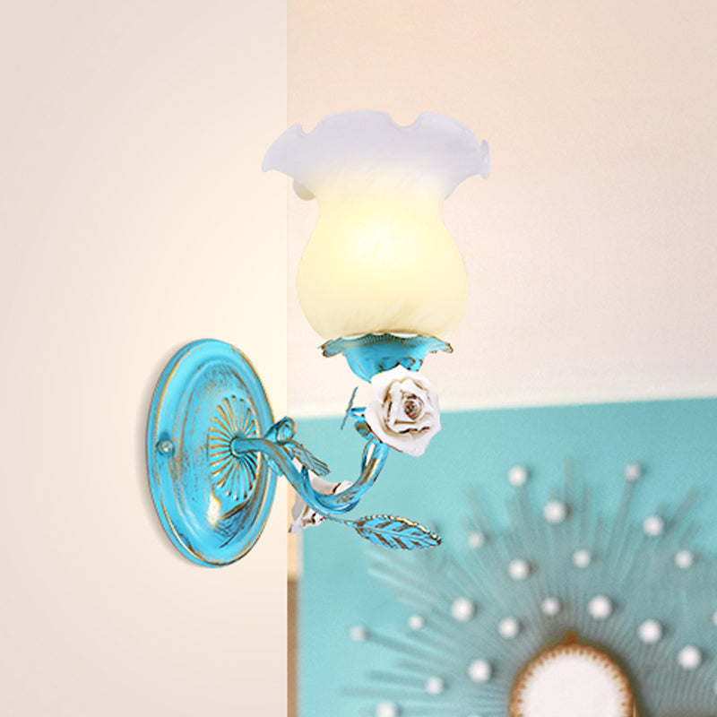 Skørter | Blue Blossom Wall Lamp Light Fixture Korean Garden White Glass 1/2-Light Bedroom Wall Lamp