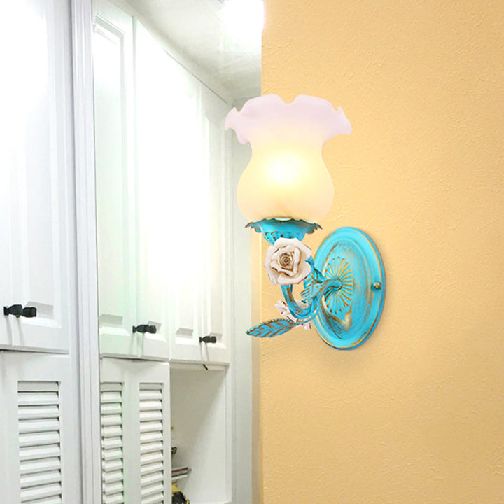 Skørter | Blue Blossom Wall Lamp Light Fixture Korean Garden White Glass 1/2-Light Bedroom Wall Lamp