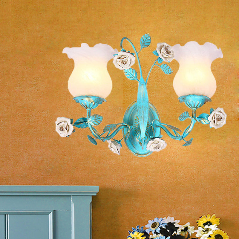Skørter | Blue Blossom Wall Lamp Light Fixture Korean Garden White Glass 1/2-Light Bedroom Wall Lamp