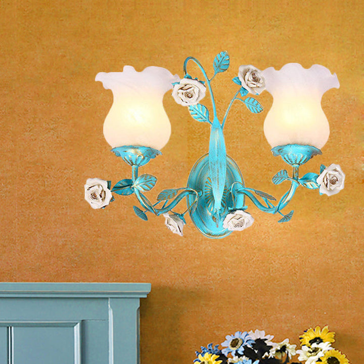 Skørter | Blue Blossom Wall Lamp Light Fixture Korean Garden White Glass 1/2-Light Bedroom Wall Lamp