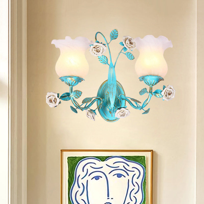 Skørter | Blue Blossom Wall Lamp Light Fixture Korean Garden White Glass 1/2-Light Bedroom Wall Lamp