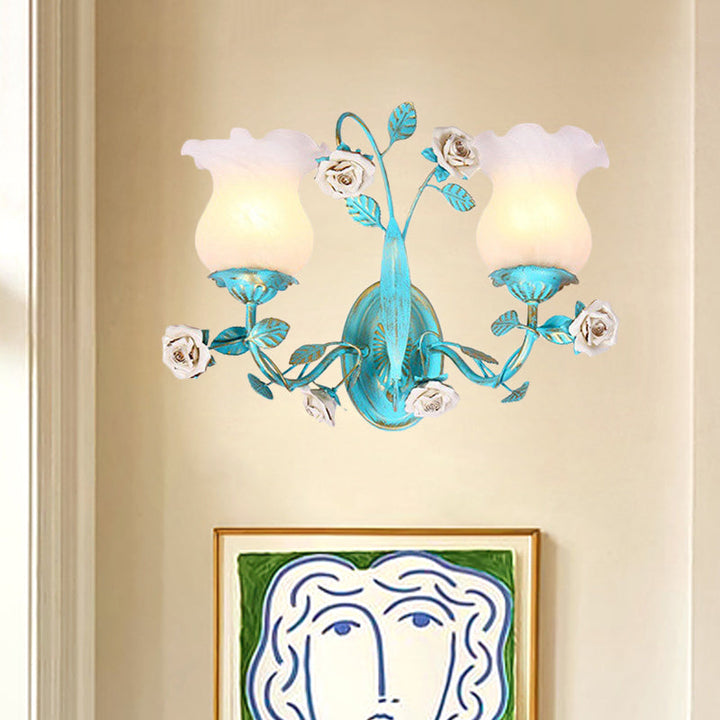 Skørter | Blue Blossom Wall Lamp Light Fixture Korean Garden White Glass 1/2-Light Bedroom Wall Lamp