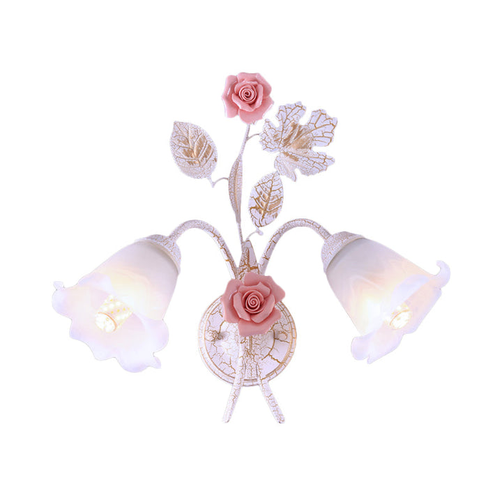 Skørter | 1/2-Light Wall Sconce Pastoral Floral White Glass Wall Mount Lamp with Metal Curved Arm for Living Room