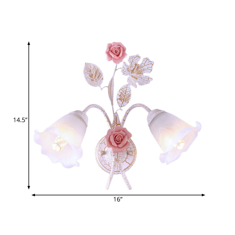 Skørter | 1/2-Light Wall Sconce Pastoral Floral White Glass Wall Mount Lamp with Metal Curved Arm for Living Room