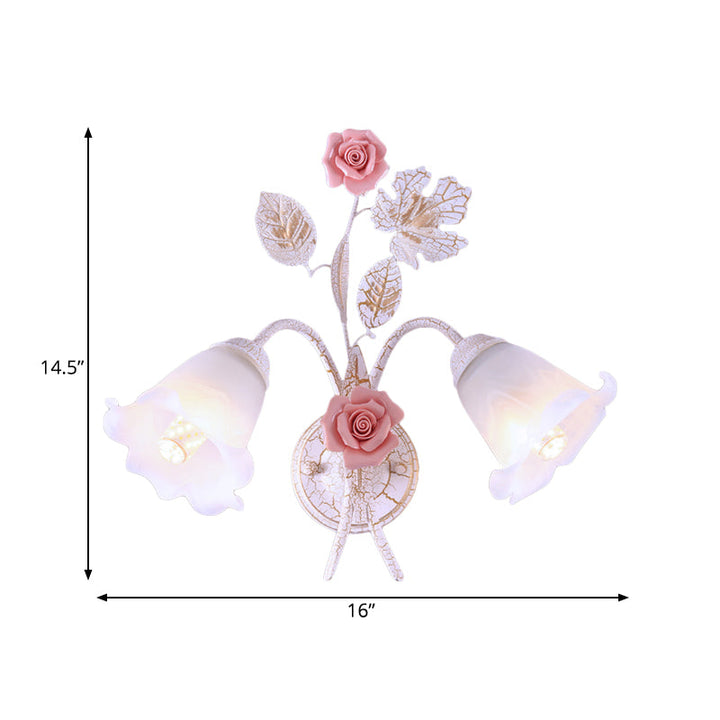 Skørter | 1/2-Light Wall Sconce Pastoral Floral White Glass Wall Mount Lamp with Metal Curved Arm for Living Room