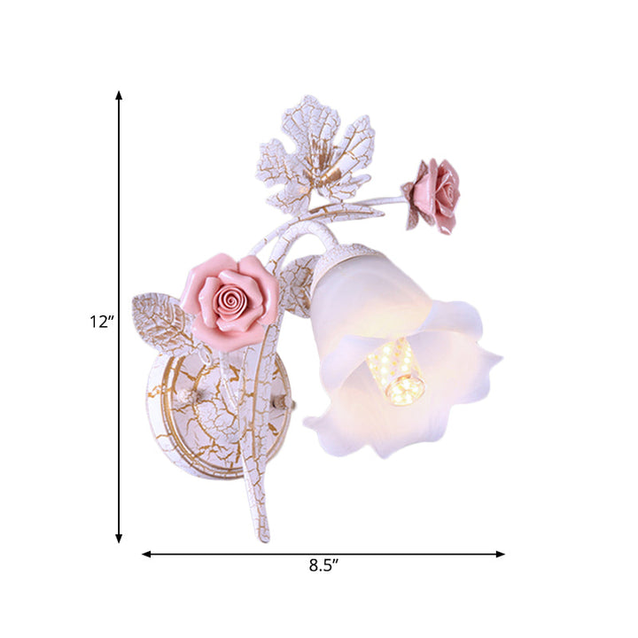 Skørter | 1/2-Light Wall Sconce Pastoral Floral White Glass Wall Mount Lamp with Metal Curved Arm for Living Room