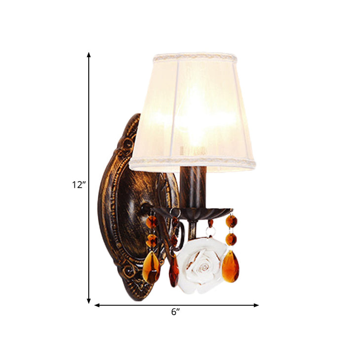 Skørter | Fabric Antique Brass Wall Lamp Tapered 1 Head Pastoral Style Wall Mounted Light with Coffee Crystal