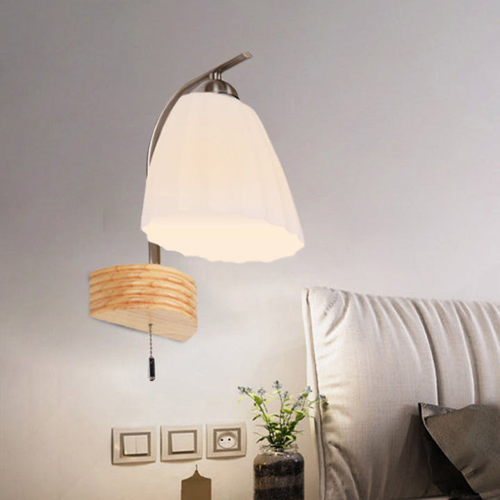 Lisslune | Milk Ribbed Glass Flared Wall Light Modern 1 Head Wall Lamp with Pull Switch and Wood Back Plate