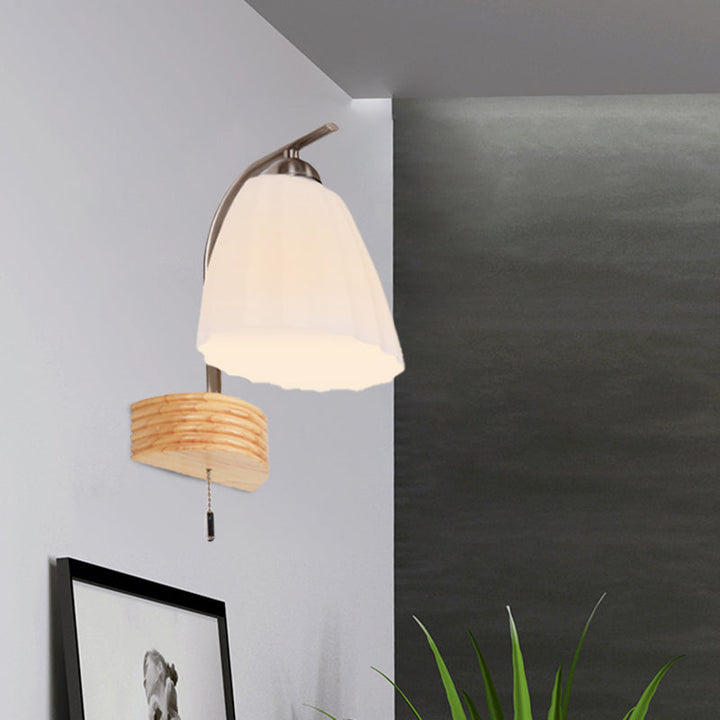 Lisslune | Milk Ribbed Glass Flared Wall Light Modern 1 Head Wall Lamp with Pull Switch and Wood Back Plate