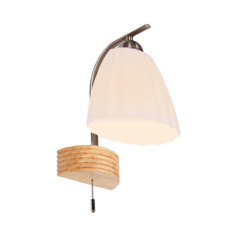Lisslune | Milk Ribbed Glass Flared Wall Light Modern 1 Head Wall Lamp with Pull Switch and Wood Back Plate