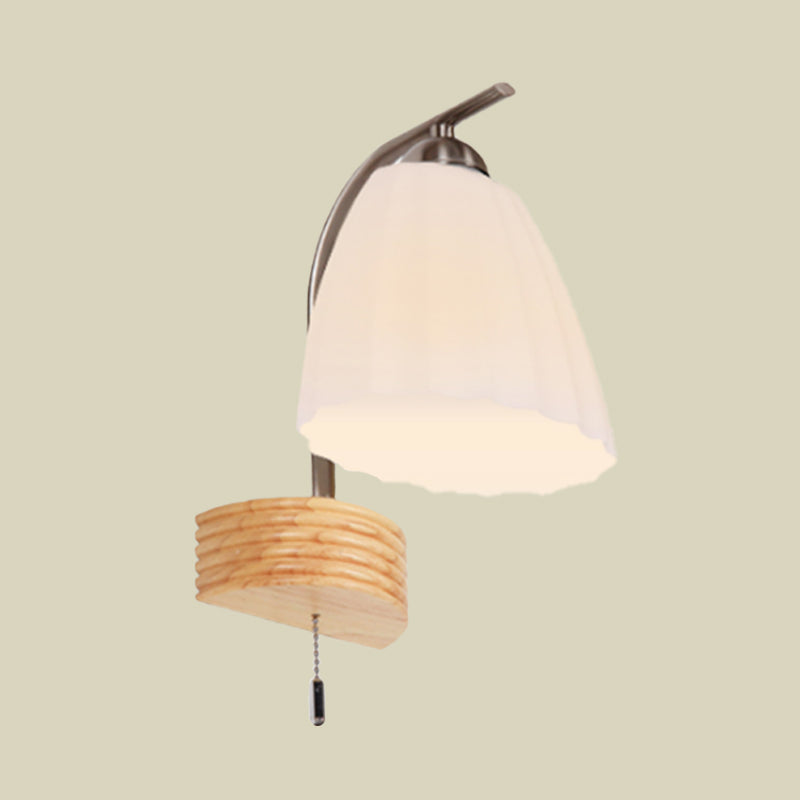 Lisslune | Milk Ribbed Glass Flared Wall Light Modern 1 Head Wall Lamp with Pull Switch and Wood Back Plate