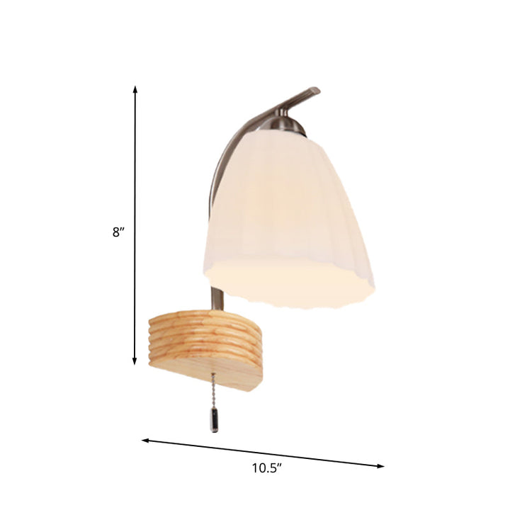 Lisslune | Milk Ribbed Glass Flared Wall Light Modern 1 Head Wall Lamp with Pull Switch and Wood Back Plate