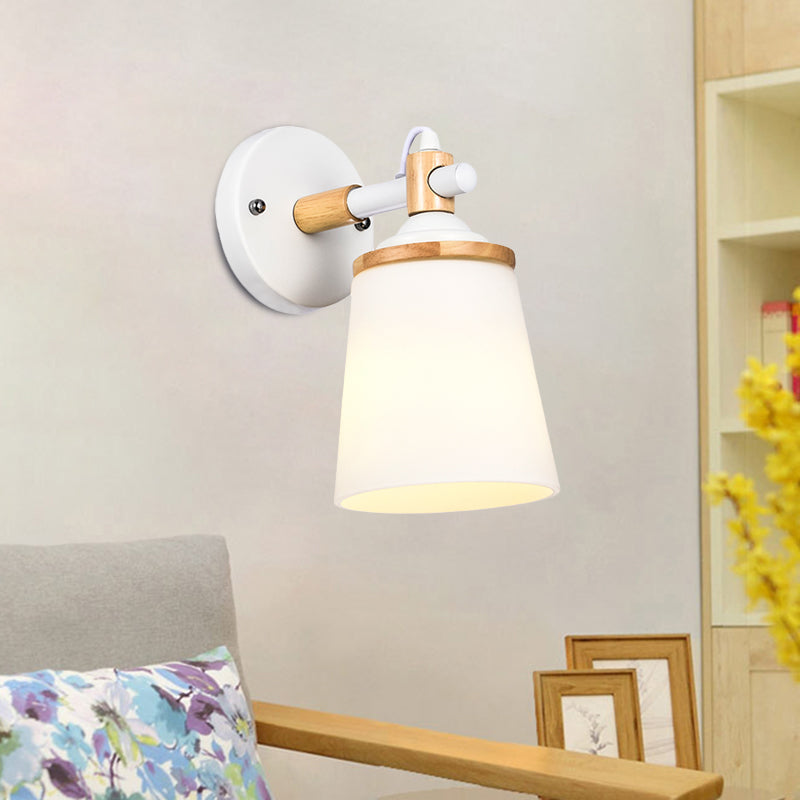Lisslune | Modernist 1 Head Wall Scone Light Barrel White/Black and Wood Wall Lamp with Cream Glass Shade
