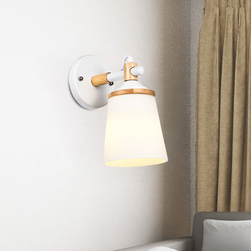Lisslune | Modernist 1 Head Wall Scone Light Barrel White/Black and Wood Wall Lamp with Cream Glass Shade
