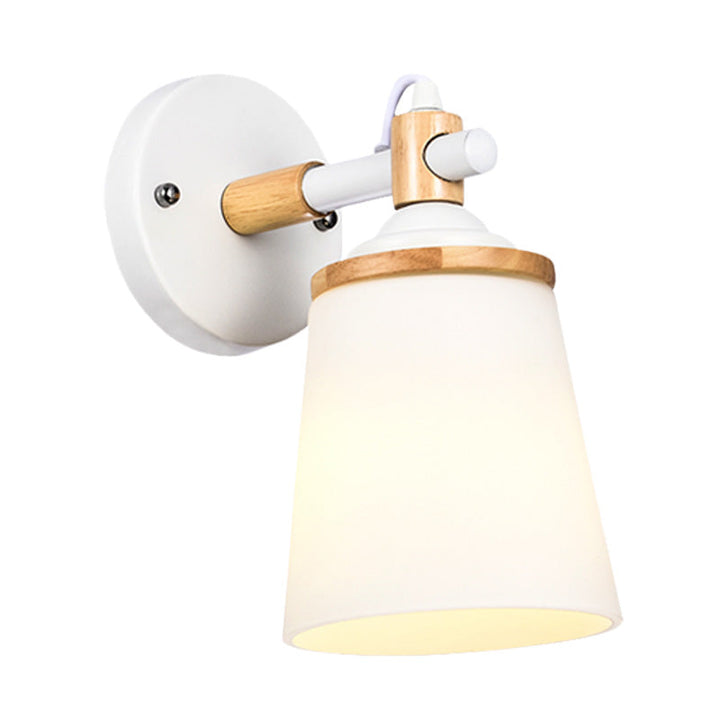 Lisslune | Modernist 1 Head Wall Scone Light Barrel White/Black and Wood Wall Lamp with Cream Glass Shade