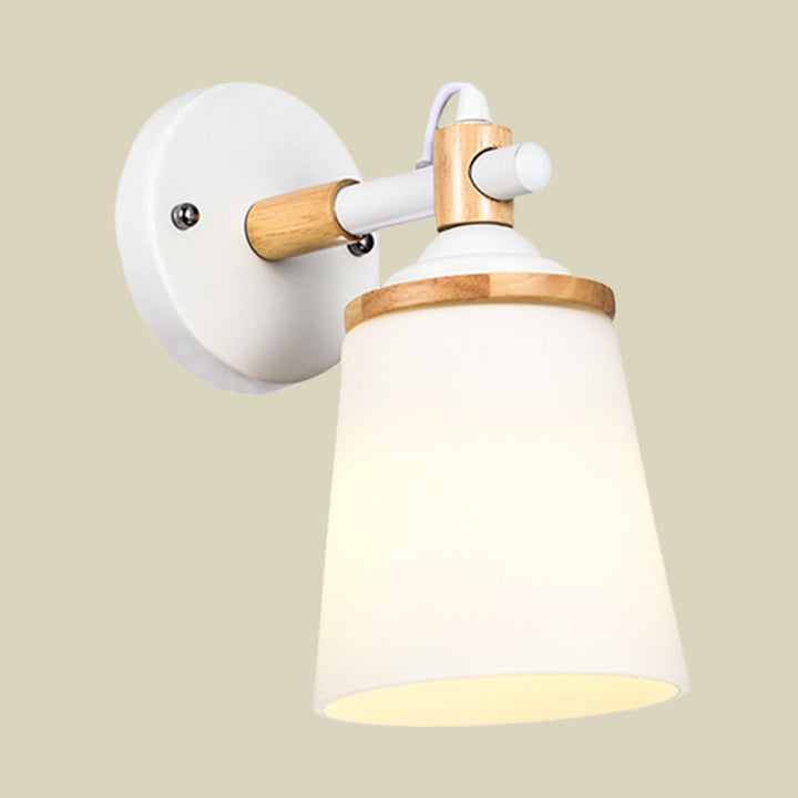 Lisslune | Modernist 1 Head Wall Scone Light Barrel White/Black and Wood Wall Lamp with Cream Glass Shade