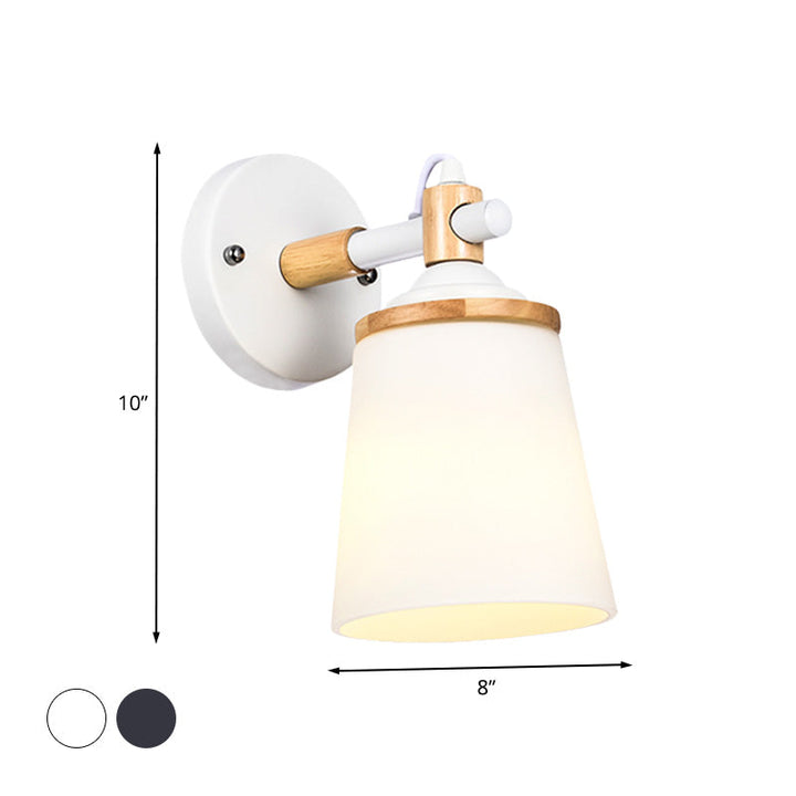 Lisslune | Modernist 1 Head Wall Scone Light Barrel White/Black and Wood Wall Lamp with Cream Glass Shade