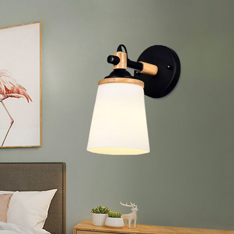 Lisslune | Modernist 1 Head Wall Scone Light Barrel White/Black and Wood Wall Lamp with Cream Glass Shade