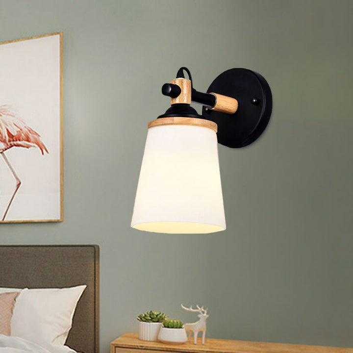Lisslune | Modernist 1 Head Wall Scone Light Barrel White/Black and Wood Wall Lamp with Cream Glass Shade