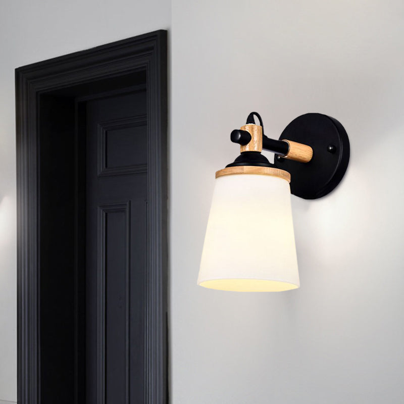 Lisslune | Modernist 1 Head Wall Scone Light Barrel White/Black and Wood Wall Lamp with Cream Glass Shade